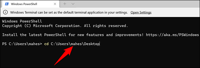 Altere o diretório de trabalho atual para desktop no Terminal do Windows.