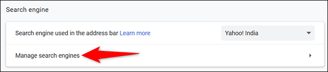 Clique em "Gerenciar mecanismos de pesquisa" na seção "Mecanismo de pesquisa".