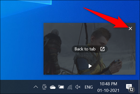 Clique no "X" no canto superior direito de um vídeo picture-in-picture do Chrome.
