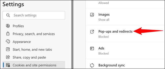 Selecione "Pop-ups e redirecionamentos" na seção "Todas as permissões".