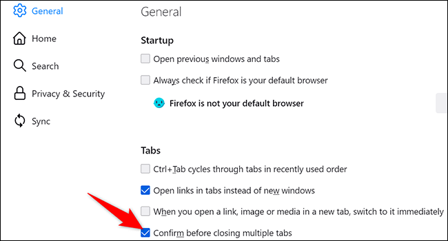 Ative "Confirmar antes de fechar várias guias" na tela "Geral".