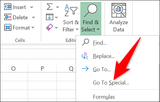 Escolha "Ir para especial" no menu "Localizar e selecionar".