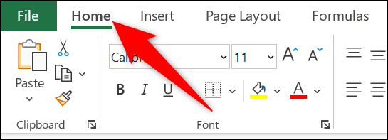 Clique na guia "Home" no Excel.