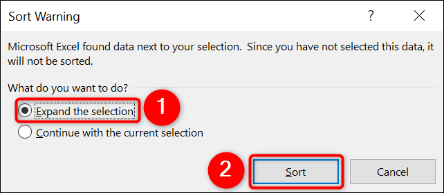 Habilite "Expandir a Seleção" e clique em "Classificar" na janela "Classificar Aviso" no Excel.