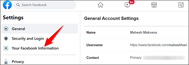 Clique em "Suas informações do Facebook" na página "Configurações".