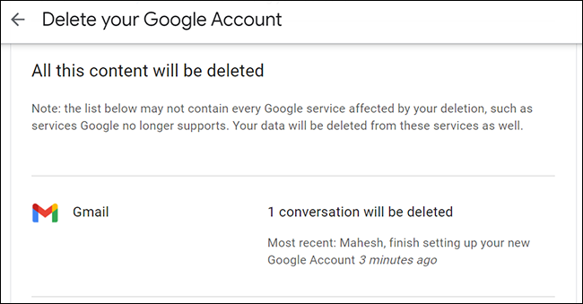 Revise o conteúdo a ser excluído na página "Excluir sua conta do Google".