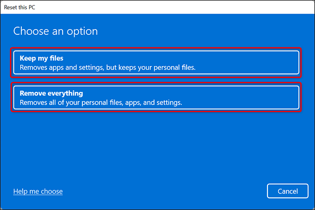 Selecione uma opção na janela "Reinicializar este PC" no Windows 11.