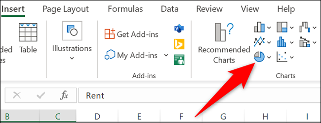 Selecione "Inserir gráfico de pizza ou rosca" na guia "Inserir" do Excel.