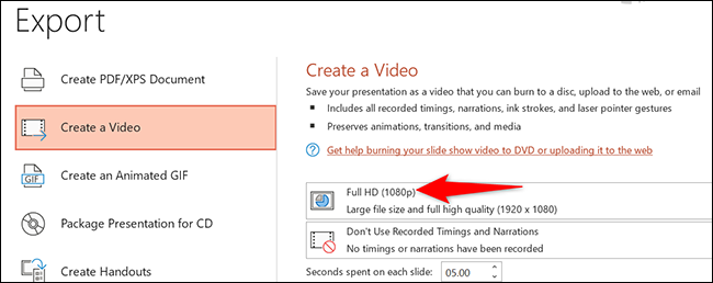 Clique em “Full HD” na página “Criar um Vídeo” no PowerPoint.