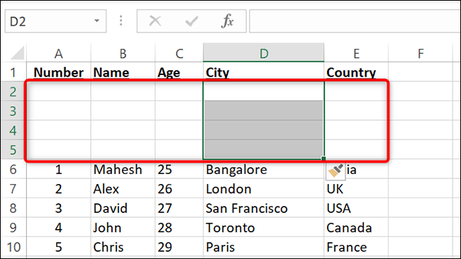 Novas linhas adicionadas no Excel.