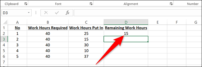 Resposta de subtração na célula D2 do Excel.