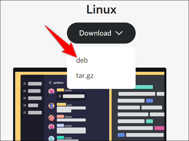 Selecione Linux> Download> DEB no site de download do Discord.