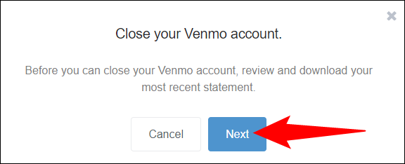 Clique em "Avançar" no prompt "Fechar sua conta Venmo".