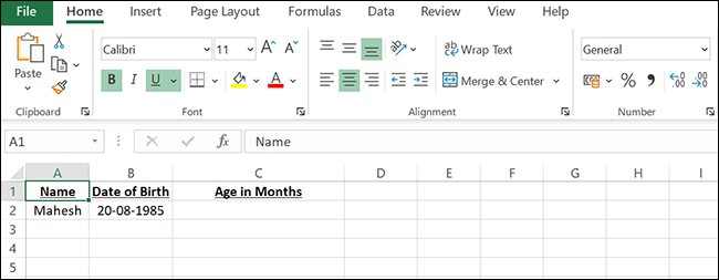Um exemplo de planilha para encontrar a idade em meses no Excel.