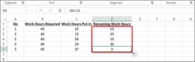 Resposta de subtração para todos os valores no Excel.