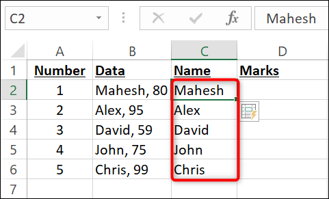 O resultado do Flash Fill para o primeiro valor.