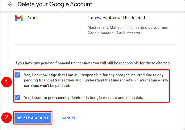 Clique em "Excluir conta" na página "Excluir sua conta do Google".