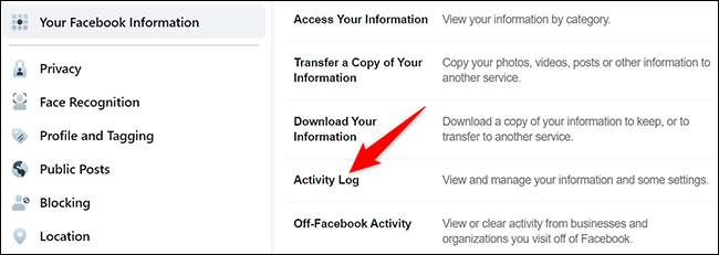 Selecione "Registro de atividades" na seção "Suas informações do Facebook".