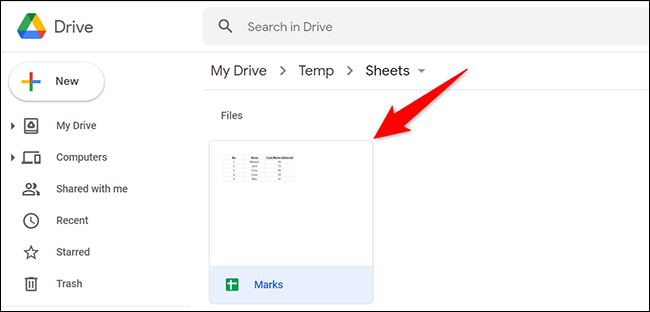 Encontre uma Planilha Google no site do Google Drive.