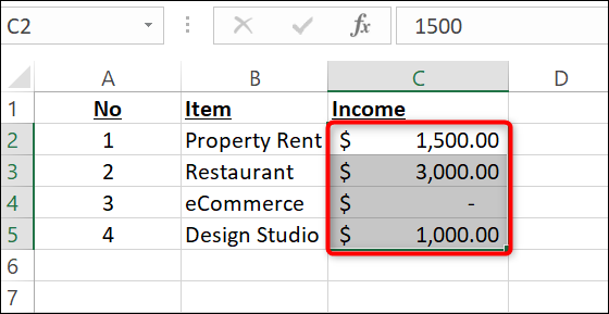 Números selecionados agora usando o formato de número de contabilidade.