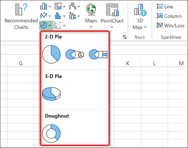 Opções de gráfico de pizza no Excel.
