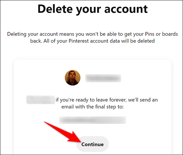 Clique em "Continuar" na página "Excluir sua conta".