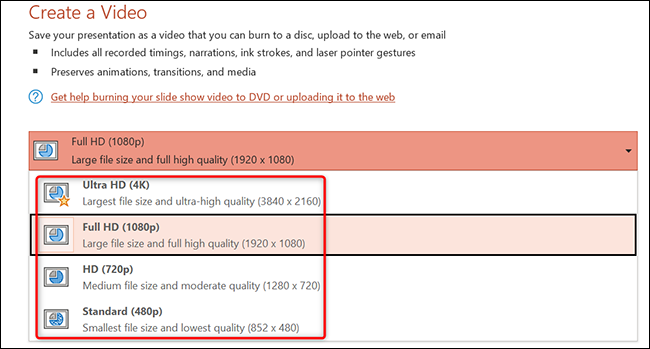 Selecione a qualidade do vídeo no PowerPoint.