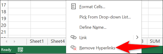 Selecione "Remover hiperlinks" no menu do botão direito.