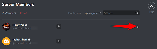 Clique nos três pontos ao lado de um usuário na página "Membros do servidor".