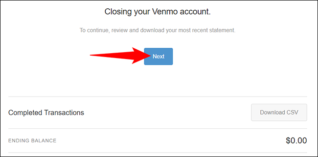 Selecione "Avançar" na página "Fechando sua conta Venmo".