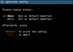 A caixa de diálogo do primeiro boot i3 perguntando qual tecla usar como $ mod