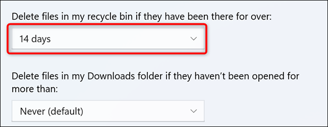 Selecione uma opção no menu suspenso "Excluir arquivos da minha lixeira se eles estiverem lá há mais tempo" em Configurações.