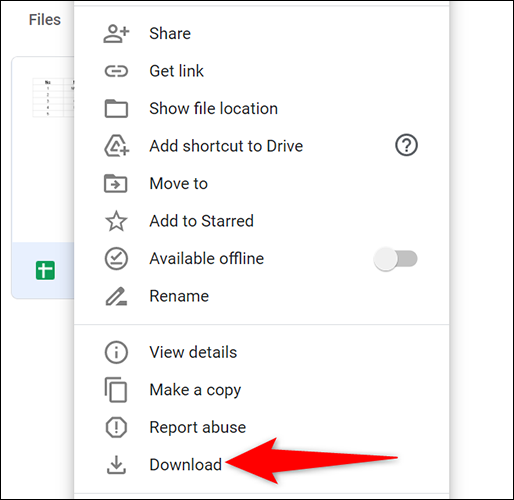 Clique com o botão direito do mouse na Planilha Google e selecione "Download" no menu.