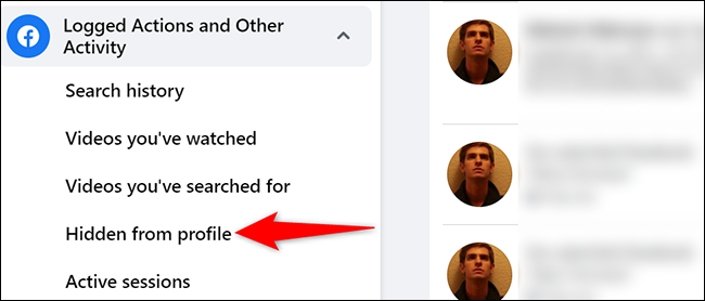 Navegue até Ações registradas e outra atividade> Oculto do perfil.