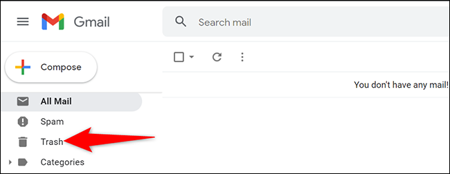 Clique em “Lixo” na barra lateral esquerda do Gmail.
