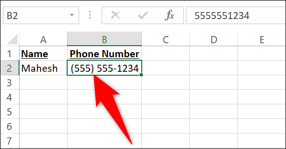 Células selecionadas formatadas em formato de número de telefone no Excel.