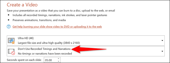 Clique em “Não use tempos gravados e narrações” na página “Criar um vídeo” no PowerPoint.