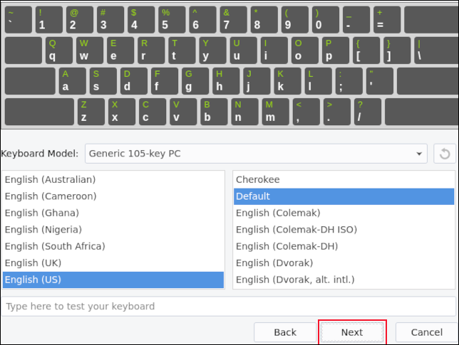 Selecionando seu teclado no instalador EndeavourOS