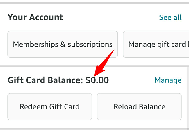 Veja o saldo do cartão-presente no aplicativo Amazon.