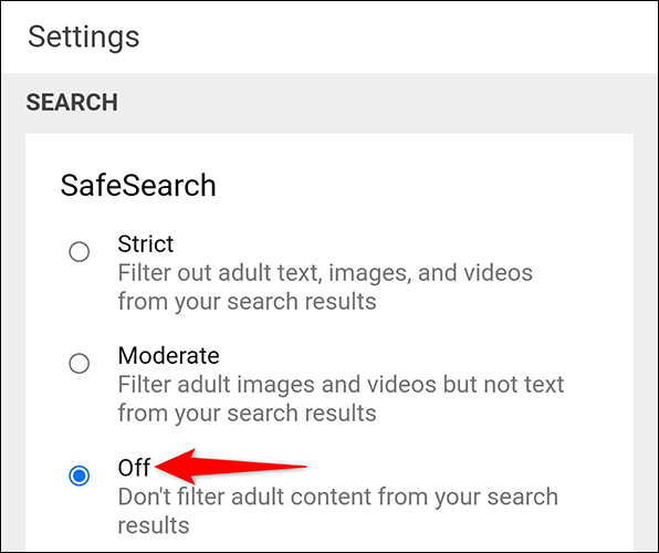 Selecione "Desligado" para "SafeSearch" no Bing.