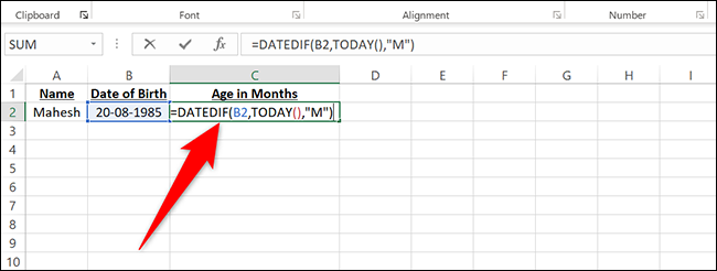Digite = DATEDIF (B2, TODAY (), "M") na célula C2 do Excel.