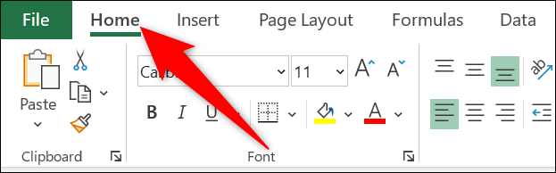 Clique na guia "Home" no Excel.