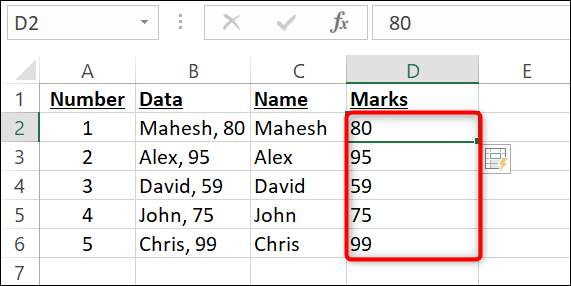 O resultado do Flash Fill para o segundo valor.