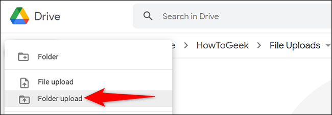 Selecione Novo> Upload de pasta na barra lateral esquerda do Google Drive.