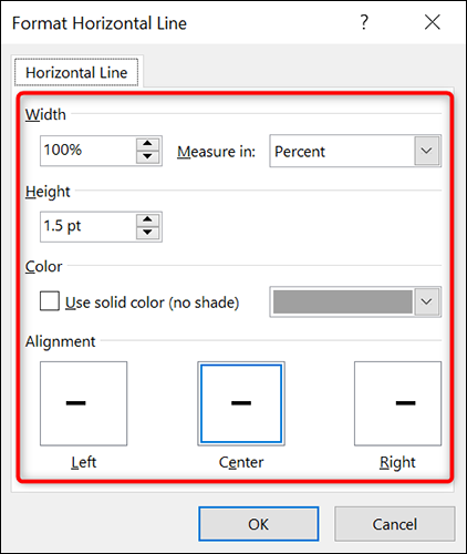 Estilize uma linha com a janela "Formatar linha horizontal".