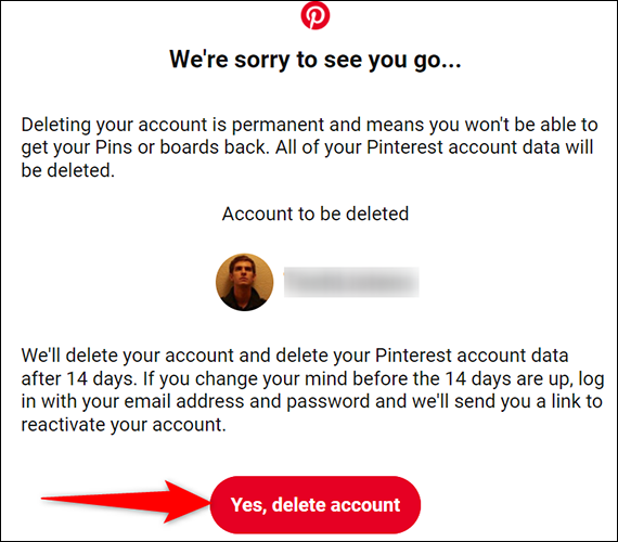 Clique em "Sim, Excluir conta" no e-mail do Pinterest.