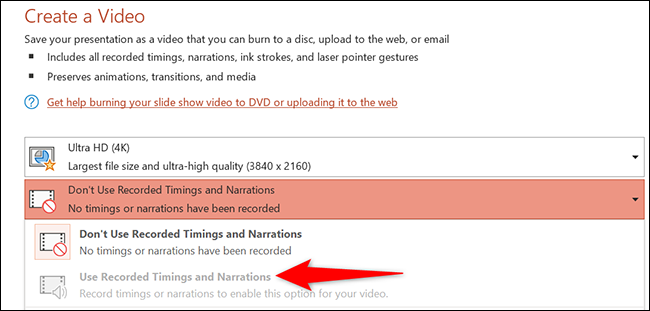 Selecione "Usar tempos gravados e narrações" na página "Criar um vídeo" do PowerPoint.