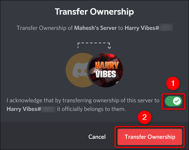 Clique em "Transferir propriedade" na janela "Transferir propriedade".