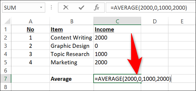 Insira os valores diretamente na função AVERAGE.