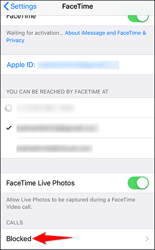 Toque em "Bloqueado" na página "FaceTime".